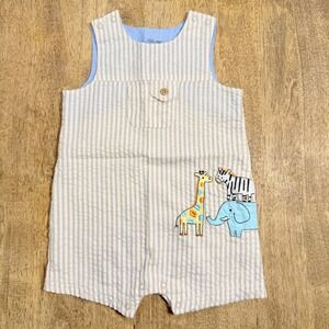 Little Me Baby Boy Romper 6M Seersucker Safari Giraffe Elephant Summer Outfit